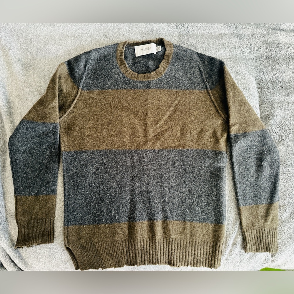 Pringle 100%lambwool Men's Striped Gray and Brown Sweater Small